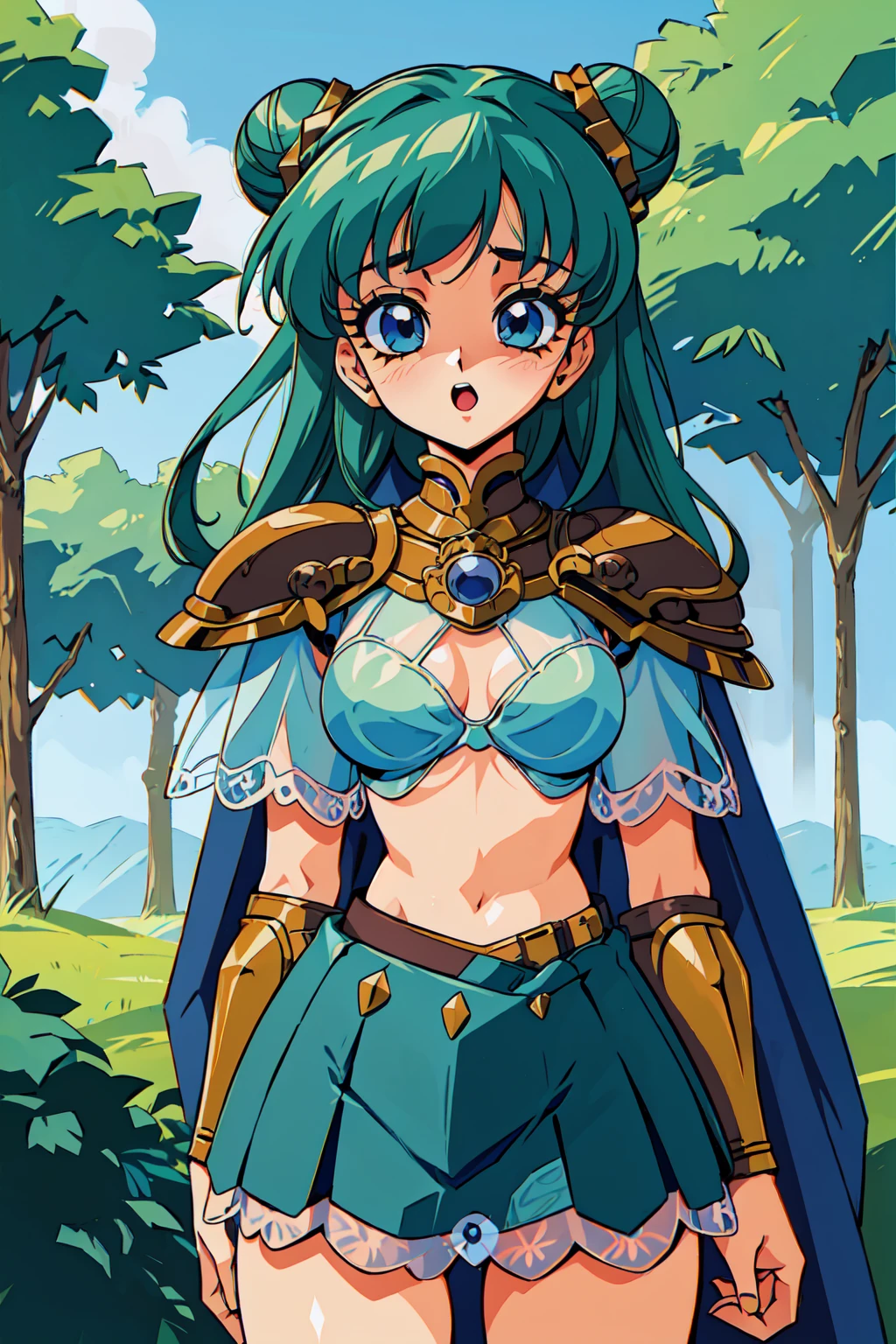 "(masterpiece:1.1), best quality,
1girl, (80s anime style:1.4), (eyelashes:1.5),
(intricate high detailed body:1.2),
aqua hair,
(bangs:1.1), (long hair, straight hair:1.1), (demon horns:1.2),
red eyes, (red lip stick:1.1),
(muscular body:1.2), (small breasts, flat chest:1.1),
shy, open mouth,
(see-through leotard armor, criss-cross halter:1.2),
(knight armor, armored boots:1.2), (belts:1.1), (earrings:1.1), bracelet,
standing,
(upper body, looking at viewer, from front:1.1),
(daytime, grassland, outdoors:1.1)"