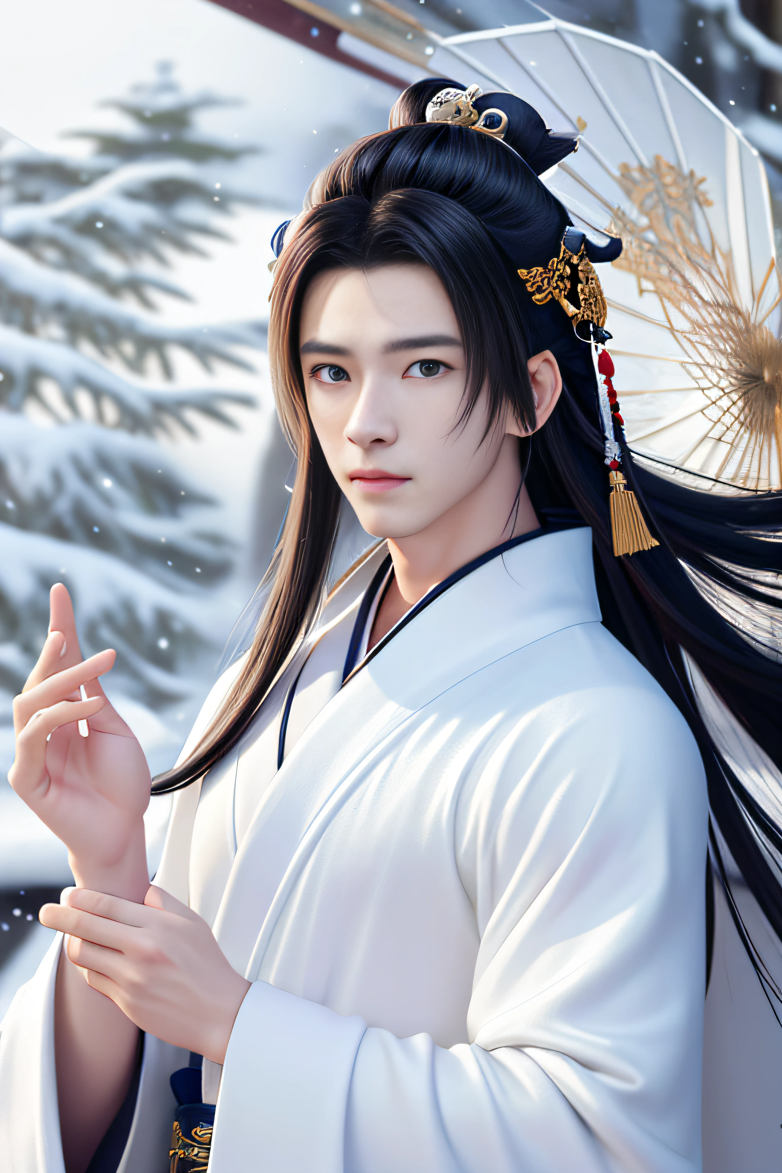 25 years old young man, whole body, portrait of an onmyoji, detailed art of the onmyoji, (((onmyoji))), handsome fantasy emperor, man in Chinese traditional style dress standing in the snow with snow on the background, snow, photorealistic painting, art photo, ultra high resolution, (photorealistic: 1.4), masterpiece, sharp lines, beautiful eyes, detailed face, perfect hands, perfect eyes, perfect skin, wearing pure white long robe, looking into the distance, ((serious expression))