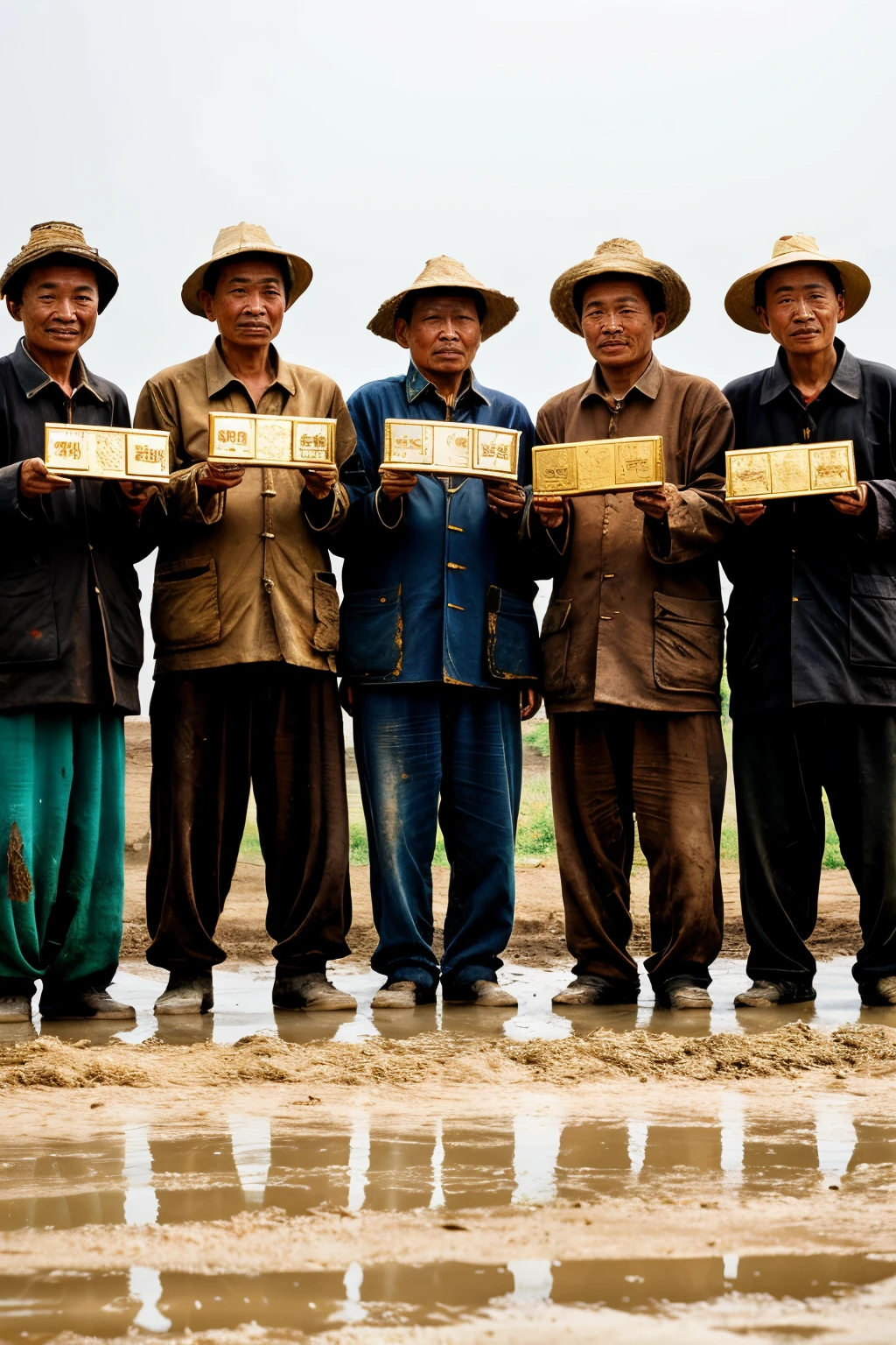 A group of old Chinese farmers wearing dirty and torn clothes holding gold bars in their hands。Dirty environment,Everyone is happy and tall,Perfect facial features,Perfect hands,Ultra-high resolution