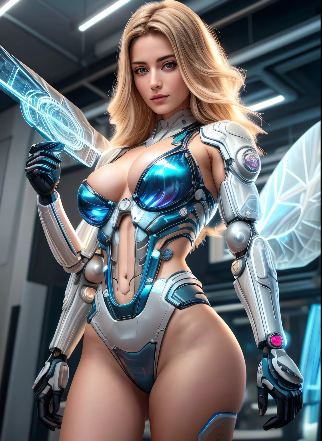Uma mulher lindissima, cabelos longos castanhos, translucent ethereal mechanics, futurista,Mechanical joint training,estilo modelshoot, (Extremely detailed unified CG 8k wallpapers), holding a futuristic big pen in your hands, a little tattoo stylized on your arm, beautiful body, The beauty of abstract stylization,,in a futuristic lab, Surrealismo, 8k, Super Detalhe, melhor qualidade, Premiados, anatomicamente correto, 16k, Super Detalhe,