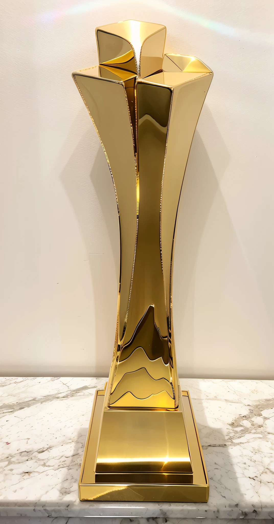 A polished golden trophy lies on a stone table, White cement wall in background, Side lighting, True reflection。shot from bird&#39;Eye view, Show the nobility and glory of the trophy。The composition is symmetrical、with clean lines, vibrant with colors。golden trophy sparkling, Presenting strong visual impact and heart-warming emotions。using a wide angle lens, The effect is remarkable, Enhanced the presence of trophies。