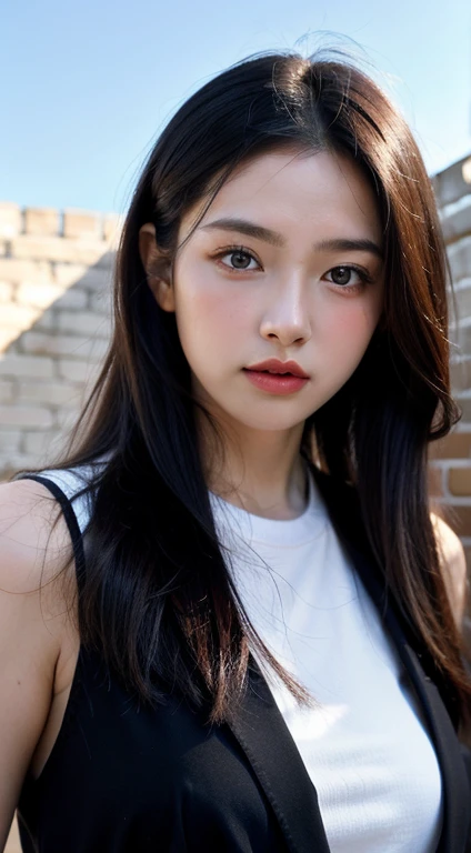 girl perfect face，mid - length hair、to the shoulder、Partial bangig eyes、with a round face、Slightly rolled sky Great Wall，Flying Eagle Great Wall
