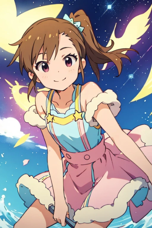 High quality, solo, 1girl, mami futami, sidetail, looking at viewer, smile, cute, pastel colours, fluffy and kawaii, stars