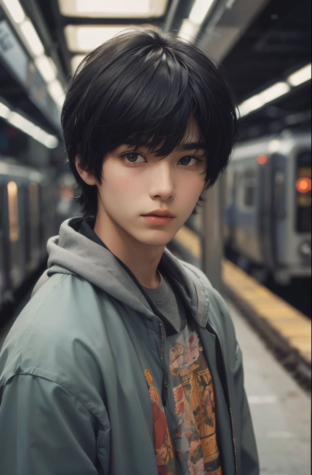 Upper body close-up image.A beautiful young man staring at the camera. Nineteen . Black hair. Her bangs are down. modern clothing. He is standing on the subway tracks.