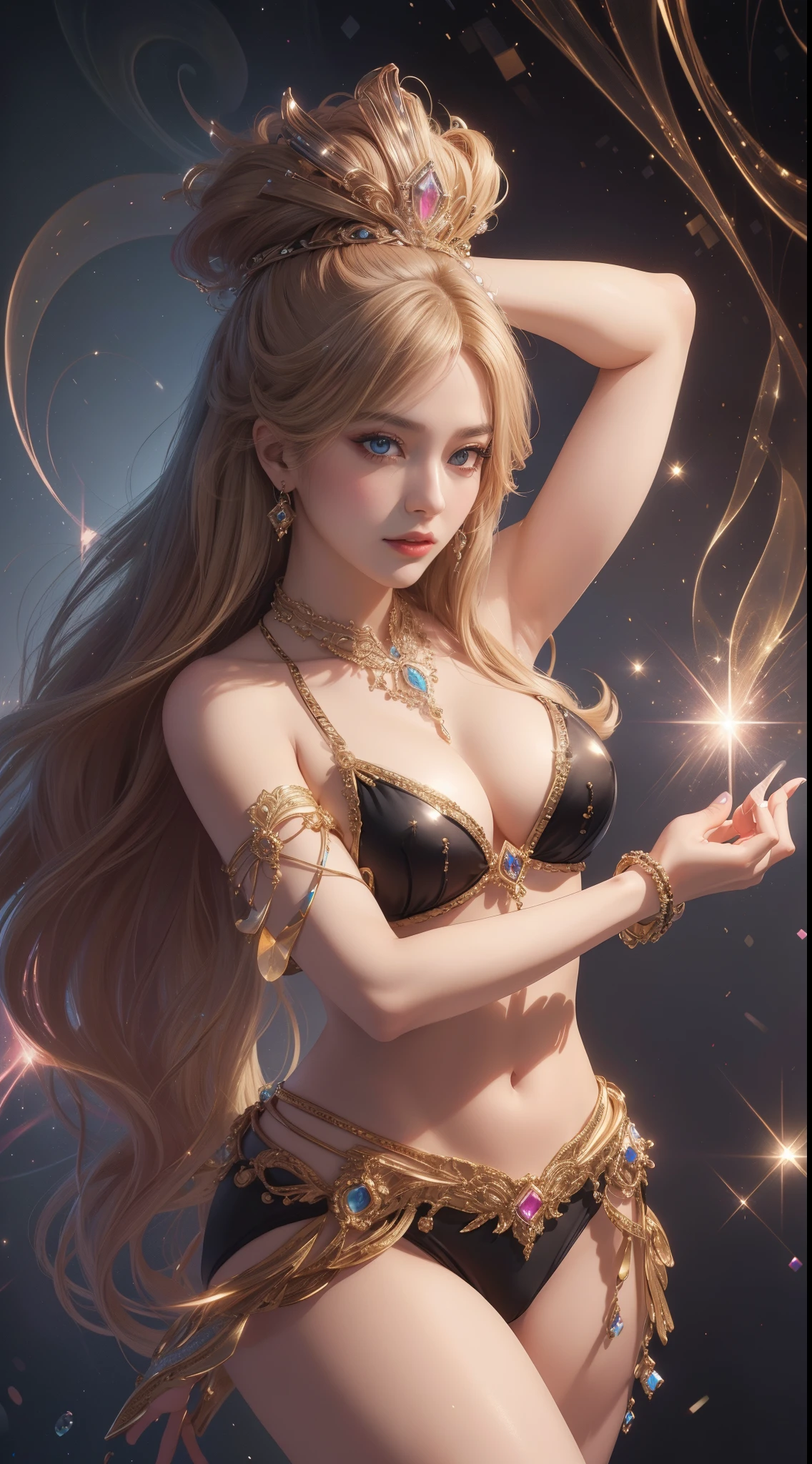 tmasterpiece,Highest image quality,Beautiful bust of noble western dance,Sophisticated black and blonde hairstyle,A dazzling array of exquisite jewelotic bikini dance wear,Ultra-detailed details,advanced。At the Pixiv Art Station,Break your own power,,The kinky is exposed,R-18G