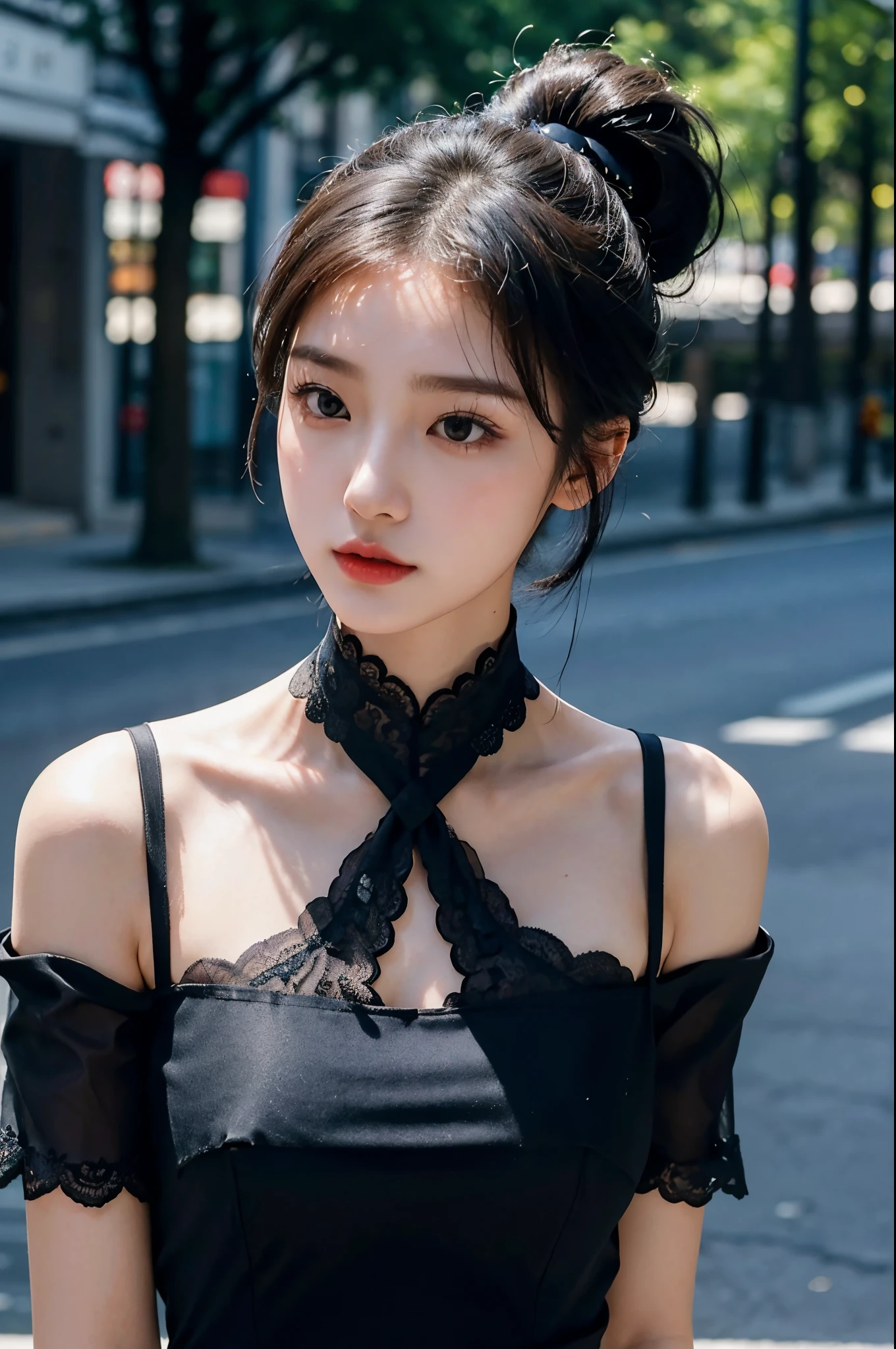 1girl, slender korean kpop idol and model ,ponytail hairstyle ,23 years old,soft body, fair skin,close-up, 8k, RAW photo, best quality, masterpiece,realistic, photo-realistic,cute, street, summer ,soft light, High image quality,( black elegant lapel cutout lace dress), black beret