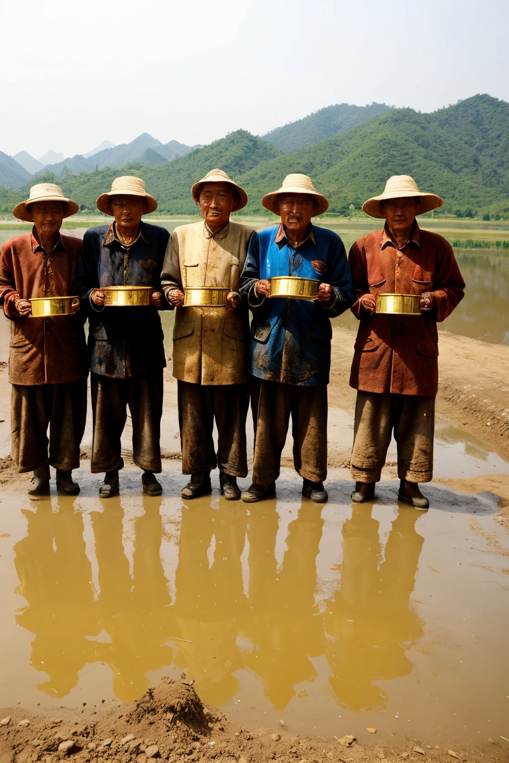 A group of old Chinese farmers wearing dirty and torn clothes holding gold bars in their hands。Dirty environment,Everyone is happy and tall,Perfect facial features,Perfect hands,Ultra-high resolution