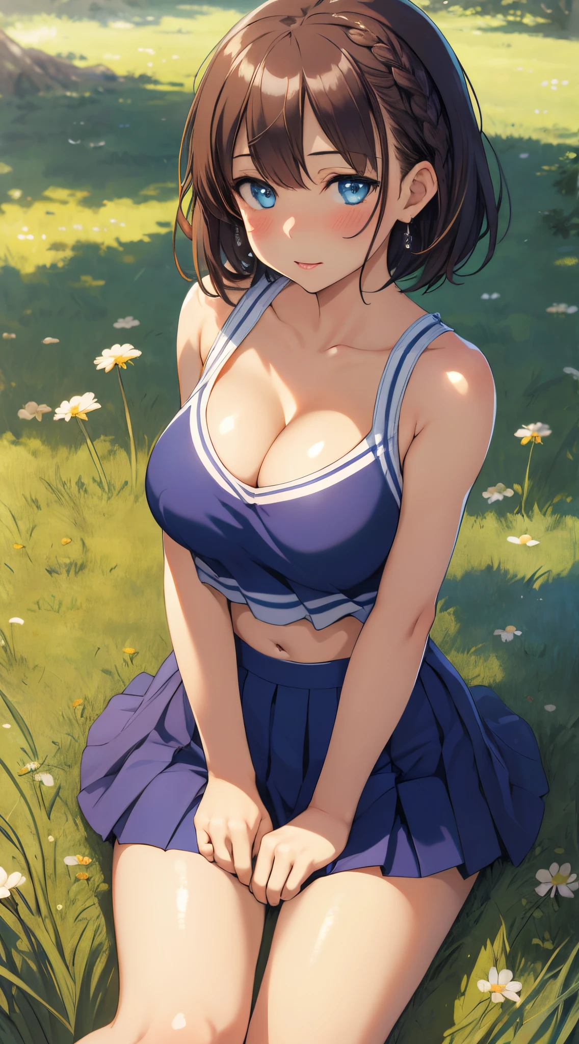 best quality, masterpiece, absurdres, highly detailed, illustration, 1girl, glossy lips, natural lighting, aichan, blue eyes, short brown hair, braid, large breasts, cleavage, sitting, (cheerleader), sleeveless, midriff, short skirt, blush, knees bent, grass