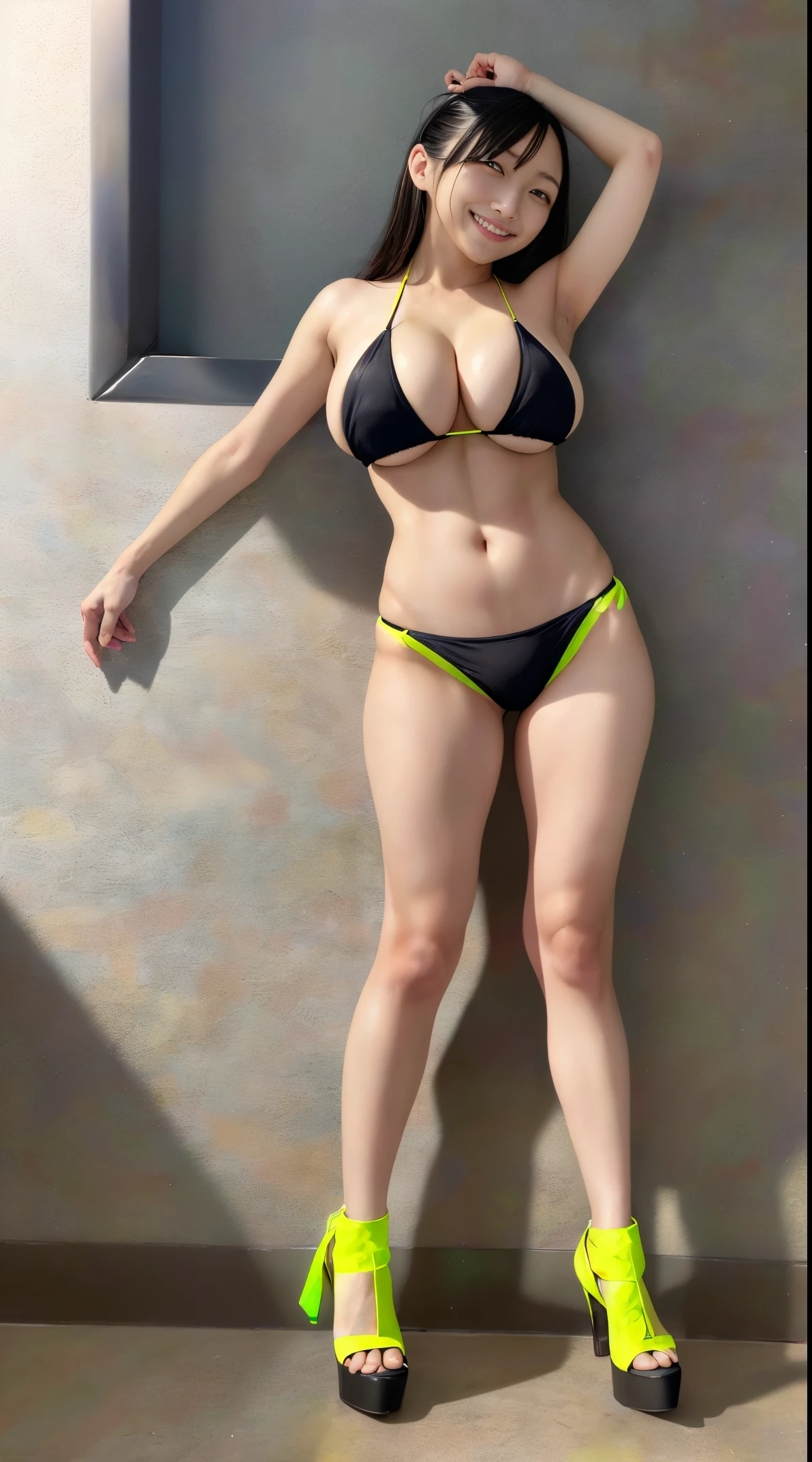 in 8K、超A high resolution、Best Quality、masuter piece、Photorealsitic、The ultra -The high-definition、(huge tit、Pretty big breasts、large cleavage、toned body:1.18)(Must wear neon yellow thong micro bikini、Must wear T-back、Always draw from the side、Show the armpits:1.35)(black semi-long hair、A Japanese Lady、Super cute、Cute smile:1.28)pin heels
