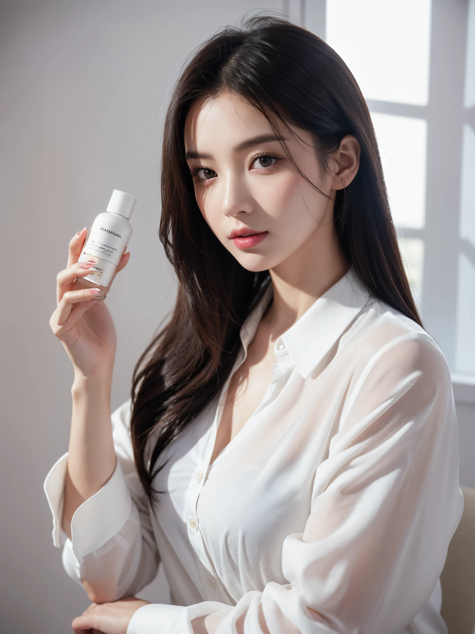 1 female-focused, a beautiful female model has a cosmetic bottle in her hands, wearing white shirt, the model's skin is healthy and clear, and the cosmetics bottle shines luxuriously, skin care, flower, cosmetics commercial photos, clean atmosphere, in the studio, shot on Hasselblad camera, medium format, dramatic lighting, luxury brand cosmetic