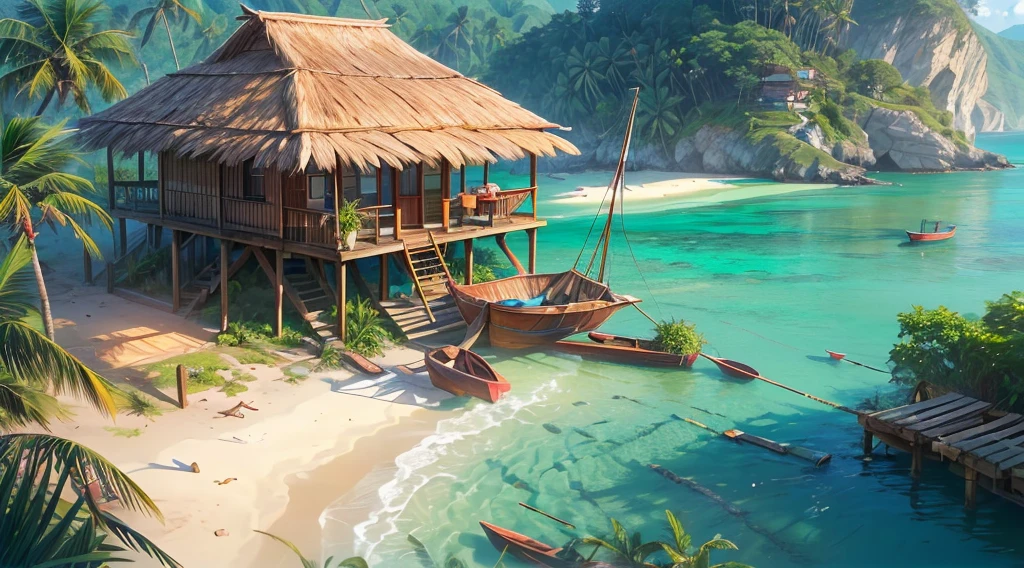 ( shot from above, best quality,ultra-detailed,realistic:1.37), HDR, vibrant colors, calm atmosphere, (deserted island:1.5), crystal clear water, lush greenery, tall palm trees, straw huts, wooden houses, fishing boats, gentle waves, blue sky, distant mountains, tropical paradise, secluded, peaceful, surreal beauty, tranquil surroundings, hidden gem.