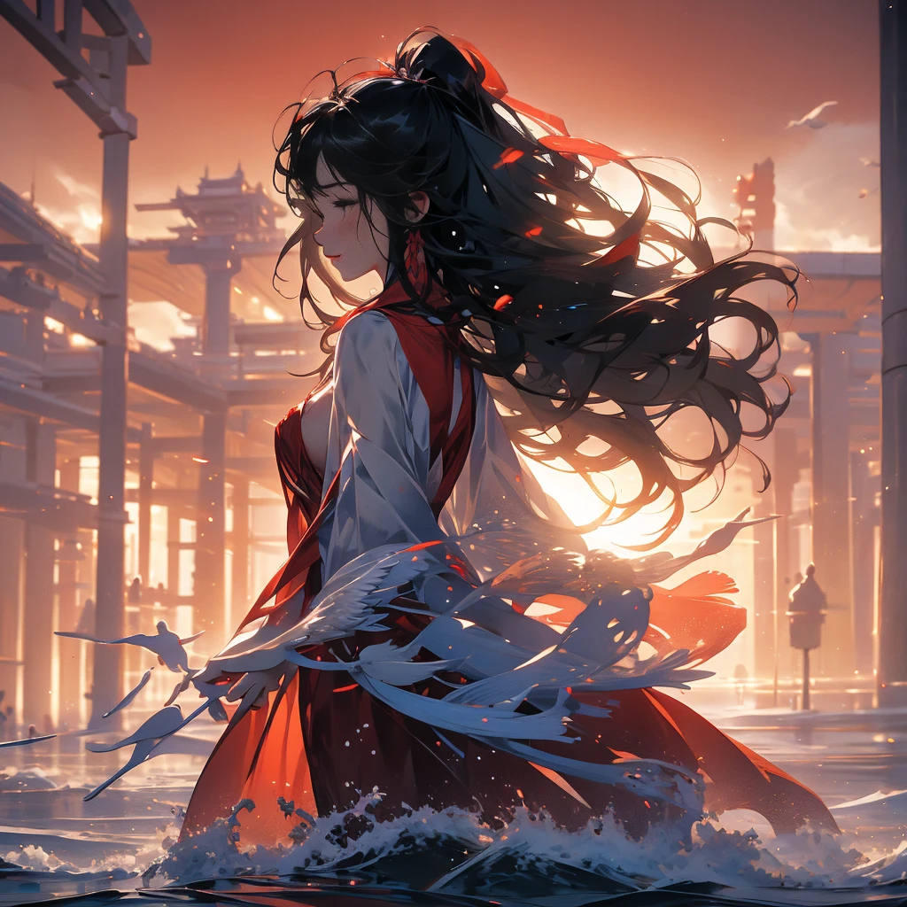 "beautiful girl standing on a circle, holding a book (((facing the audience))), wearing a flowing red dress, gently swaying in the wind))), pages flying in the scene, transcending time and space. Inspired by the works of Gu Hongzhong and Qian Xuan, this ethereal scene is rendered in cinema4d, with a soft color palette and matte painting technique that exudes a tranquil essence. The  transforms into white cranes dancing in the air"