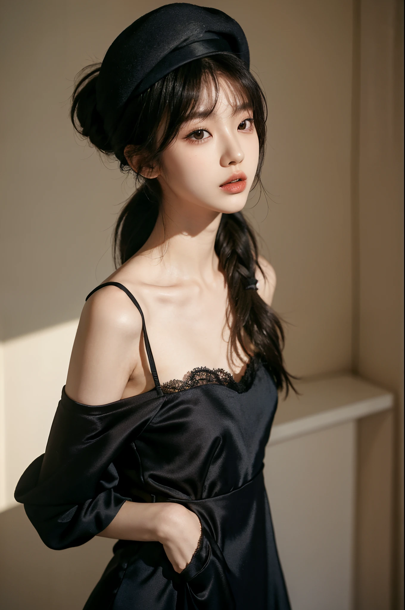 1girl, slender korean kpop idol and model ,ponytail hairstyle ,23 years old,soft body, fair skin,close-up, 8k, RAW photo, best quality, masterpiece,realistic, photo-realistic,cute,mansion , summer ,soft light, High image quality,( black elegant lapel cutout lace dress), black beret hat, whole body