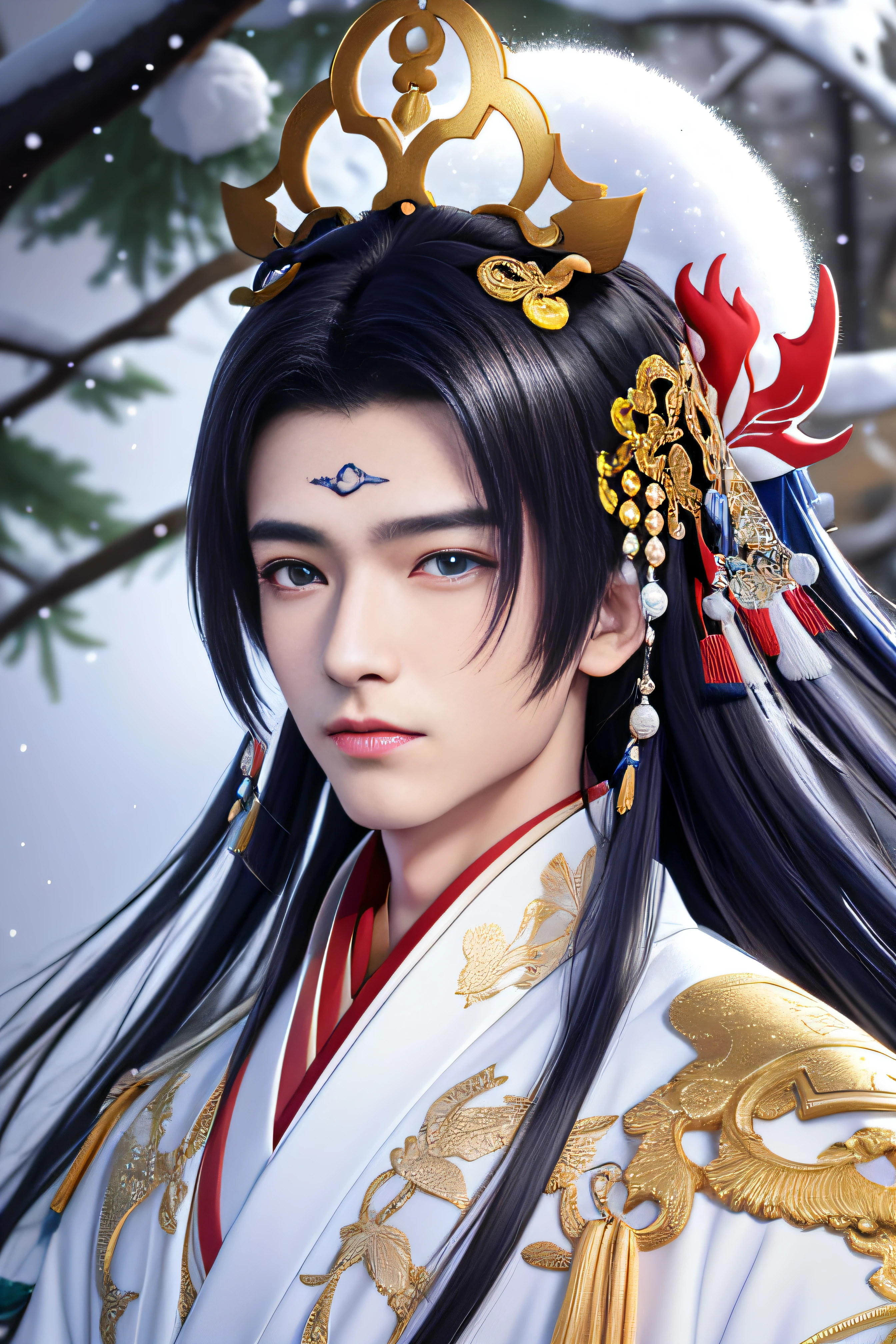 25 years old young man, whole body, portrait of an onmyoji, detailed art of the onmyoji, (((onmyoji))), handsome fantasy emperor, man in Chinese traditional style dress standing in the snow with snow on the background, snow, photorealistic painting, art photo, ultra high resolution, (photorealistic: 1.4), masterpiece, sharp lines, beautiful eyes, detailed face, perfect hands, perfect eyes, perfect skin, wearing pure white long robe, looking into the distance, ((serious expression))