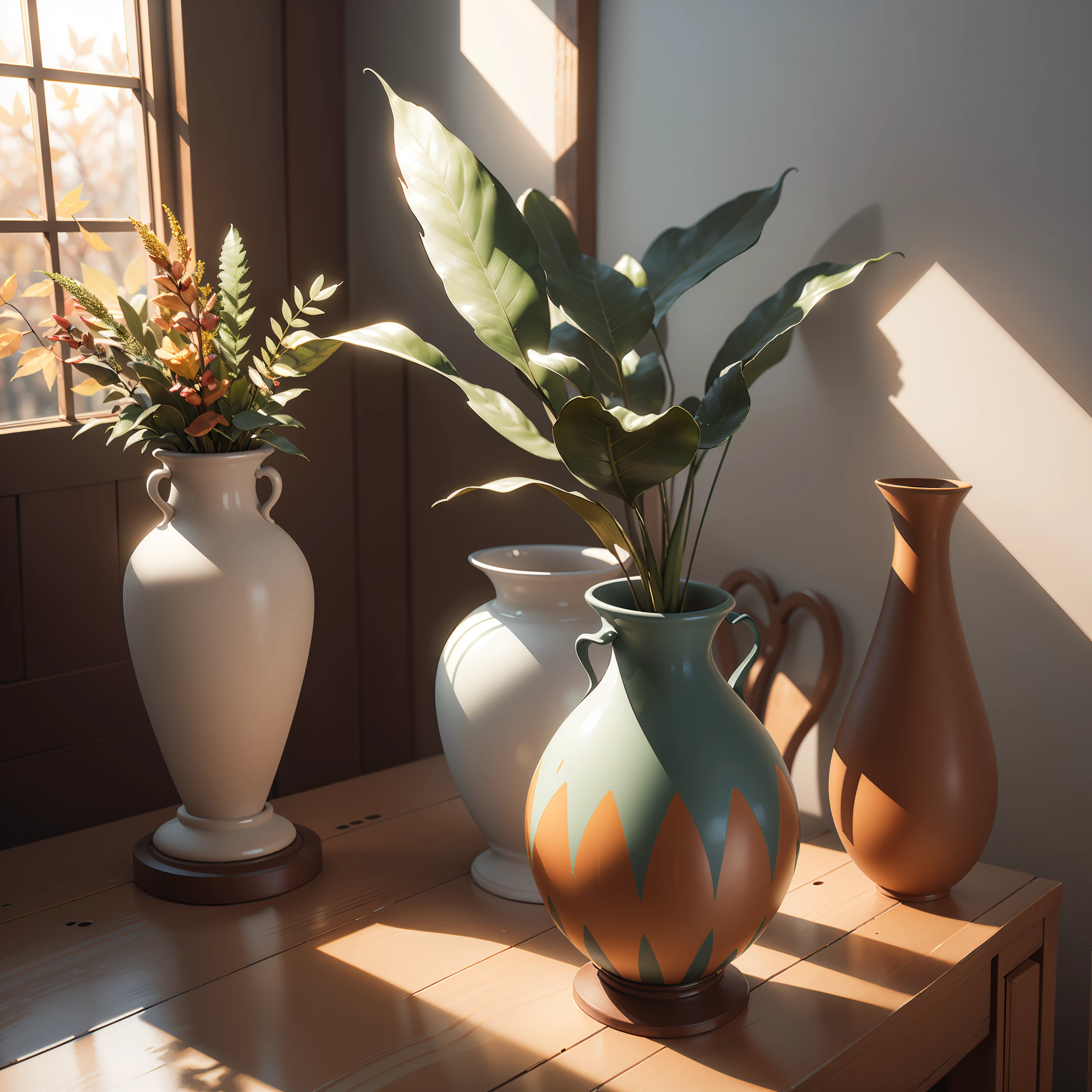 vases，ceramicaple leaf element old color combination vase，Vase with autumn pattern，The shape of the vase is full of innovative technology，Excellent work，It is a daily necessities for home use，There is a beam of light shining on the vase outside the window，Suitable for zbrush 3DMAX （Best Picture Quality） （The best shadow）