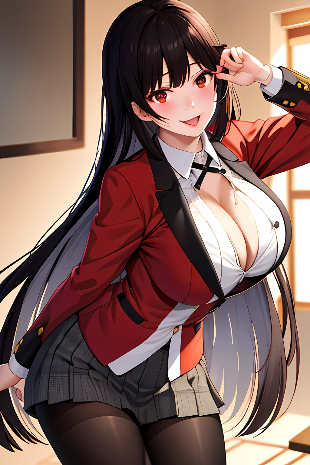 ​masterpiece, top-quality, hight resolution, HMJY1, length hair, Dark hair、bluntbangs, 校服, a red jacket, Black pantyhose, white  shirt, a black ribbon, pleatedskirt, long-sleeve, cowboy  shot, radiant eyes, red blush, evil smile, ‎Classroom,  cleavage of the breast、With his legs wide open、Open your crotch、Cleft in the crotch、stick your tongue forward、Flip up the skirt to show the pants、cum on、ecstacy