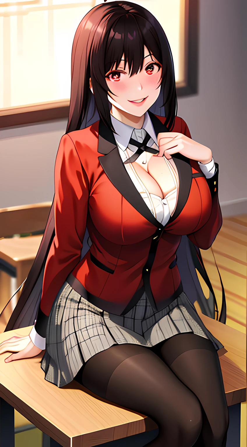 ​masterpiece, top-quality, hight resolution, HMJY1, length hair, bluntbangs, 校服, a red jacket, Black pantyhose, white  shirt, a black ribbon, pleatedskirt, long-sleeve, cowboy  shot, radiant eyes, red blush, evil smile, sitting on, ‎Classroom, dark backgrounds, cleavage of the breast、legs wide open