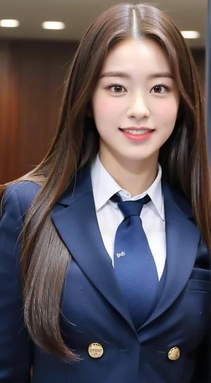((The highest image quality, 8K, tmasterpiece:1.3)), 1girll, Beautuful Women:1.3, (Straight Long Hair, Colossal tits:1.2), Japanese high school girls uniform, Ultra-fine face, A detailed eye, 二重まぶた,ssmile,perfect body anddo