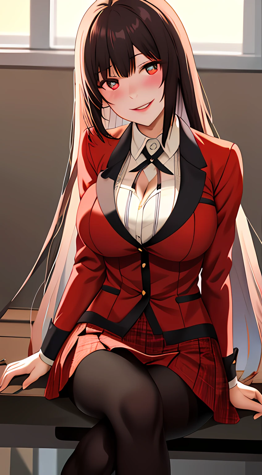 ​masterpiece, top-quality, hight resolution, HMJY1, length hair, bluntbangs, 校服, a red jacket, Black pantyhose, white  shirt, a black ribbon, pleatedskirt, long-sleeve, cowboy  shot, radiant eyes, red blush, evil smile, sitting on, ‎Classroom, dark backgrounds, cleavage of the breast、legs wide open