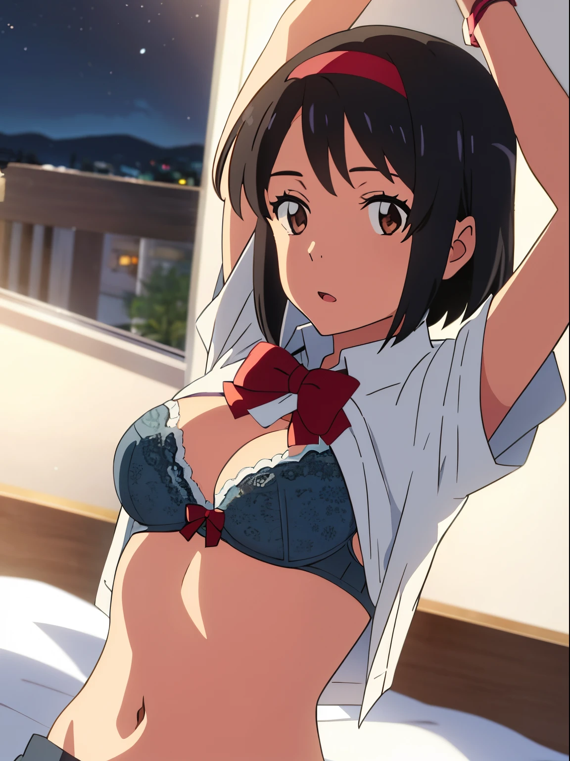 shinkai makoto, kimi no na wa.,breasts, lie on bed, 1girl, black hair, bow, red bow, brown eyes, collared shirt, headband, red headband, bow, red bow, ribbon, red ribbon, school uniform, shirt, short hair, open mouth, open clothes, open shirt , partially unbuttoned shirt, arms up, boobs, medium breast, navel, white bra, bra lift up, bedroom, night,