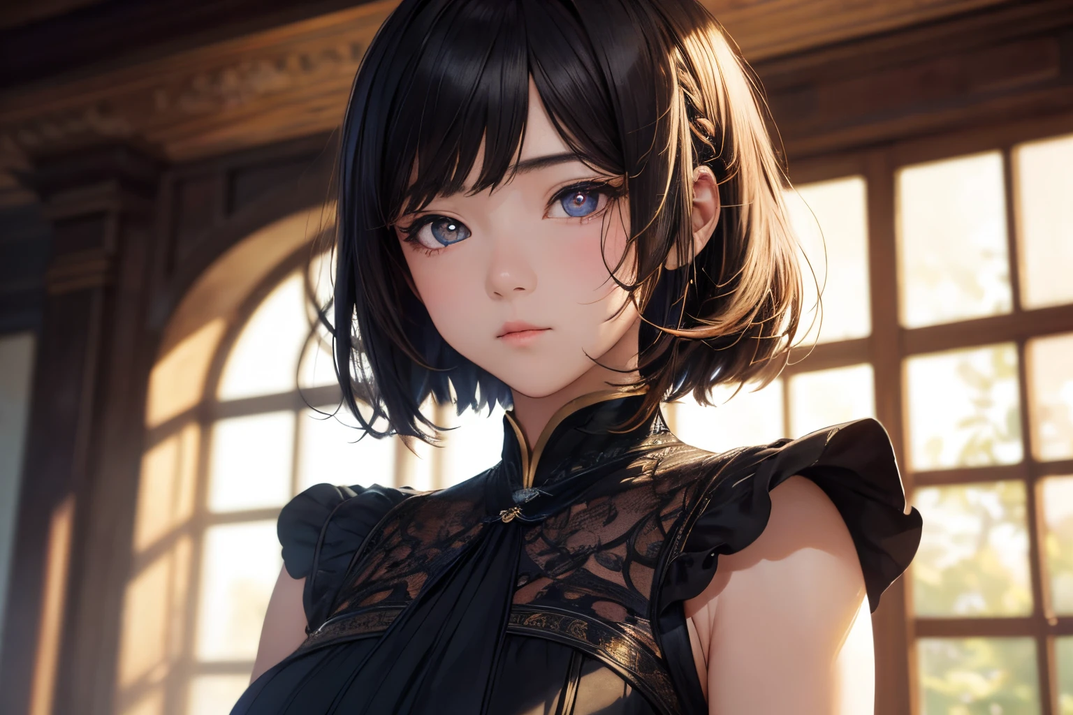 1girl in, (((shorth hair))), jugendstil,(​masterpiece, top-quality, Near and far law, depth of fields:1.5), beautiful countenance, 8k, Raw foto, HDR, Photorealsitic, film grains, chromatic abberation, hight resolution, ultra-detailliert, finely detail, 动态照明, Dramatic lighting、shadowy、extremely detailed eye and face、Round pupils、Realistic pupils、clean back ground