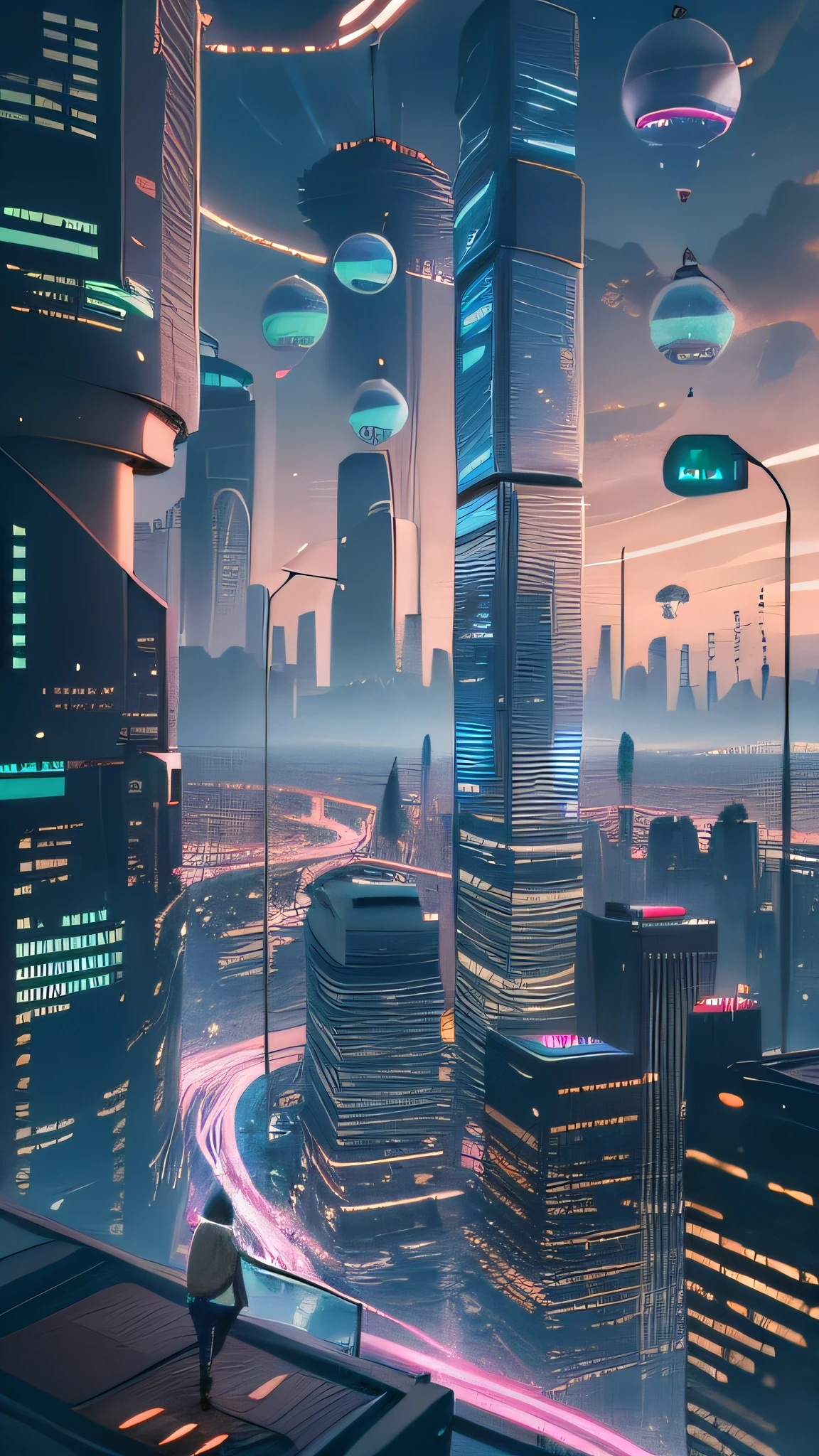 The neon-lit metropolis of 2150, Towering skyscrapers interconnected by floating walkways. Self-driving cars hurtling through the air, Holographic billboard showcases ads for latest neural implants. citizens, Equipped with wearable technology, Drones delivering cargo in the air，Interact with AI-powered public services. Amongst this backdrop, A young innovator stands on a rooftop, Staring at a huge, Moonlight data center powers city, Think about the next frontier of human achievement.