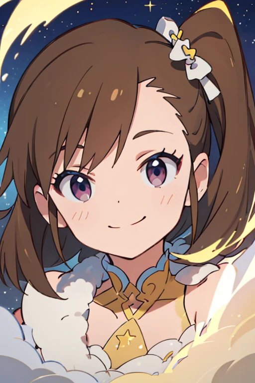 (best quality,4k,8k,highres,masterpiece:1.2),ultra-detailed,solo,1girl,mami futami beautiful detailed eyes, extremely detailed eyes and face,longeyelashes,sidetail,looking at viewer,smile,cute pastel colours,fluffy and kawaii,stars,soft lighting,fine brushstrokes,whimsical and dreamlike effect,magical atmosphere,vivid and saturated colors, ethereal and delicate,sparkling stars in the background