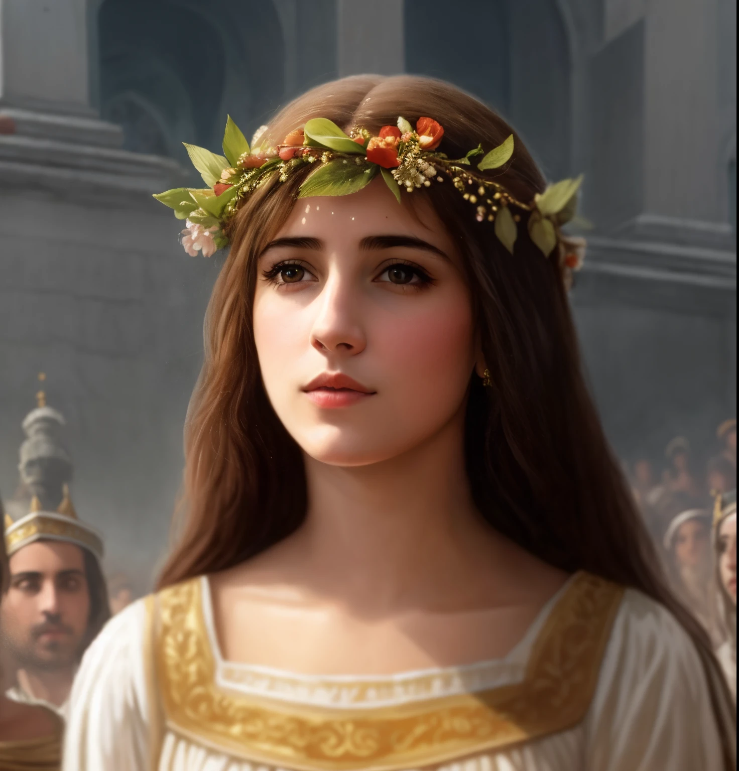 EM 300 d.C., a young woman is in a roman dress, vestindo uma roupa clara, mulher bonita, uma santa, Saint Luzia in her martyrdom, uma donzela bonita, Arte no estilo de Guweiz, pintura digital renascentista, ela tem uma coroa de flores, retrato realista do renascimento, pintura de personagem bonita, princesa medieval, usando uma coroa de louros