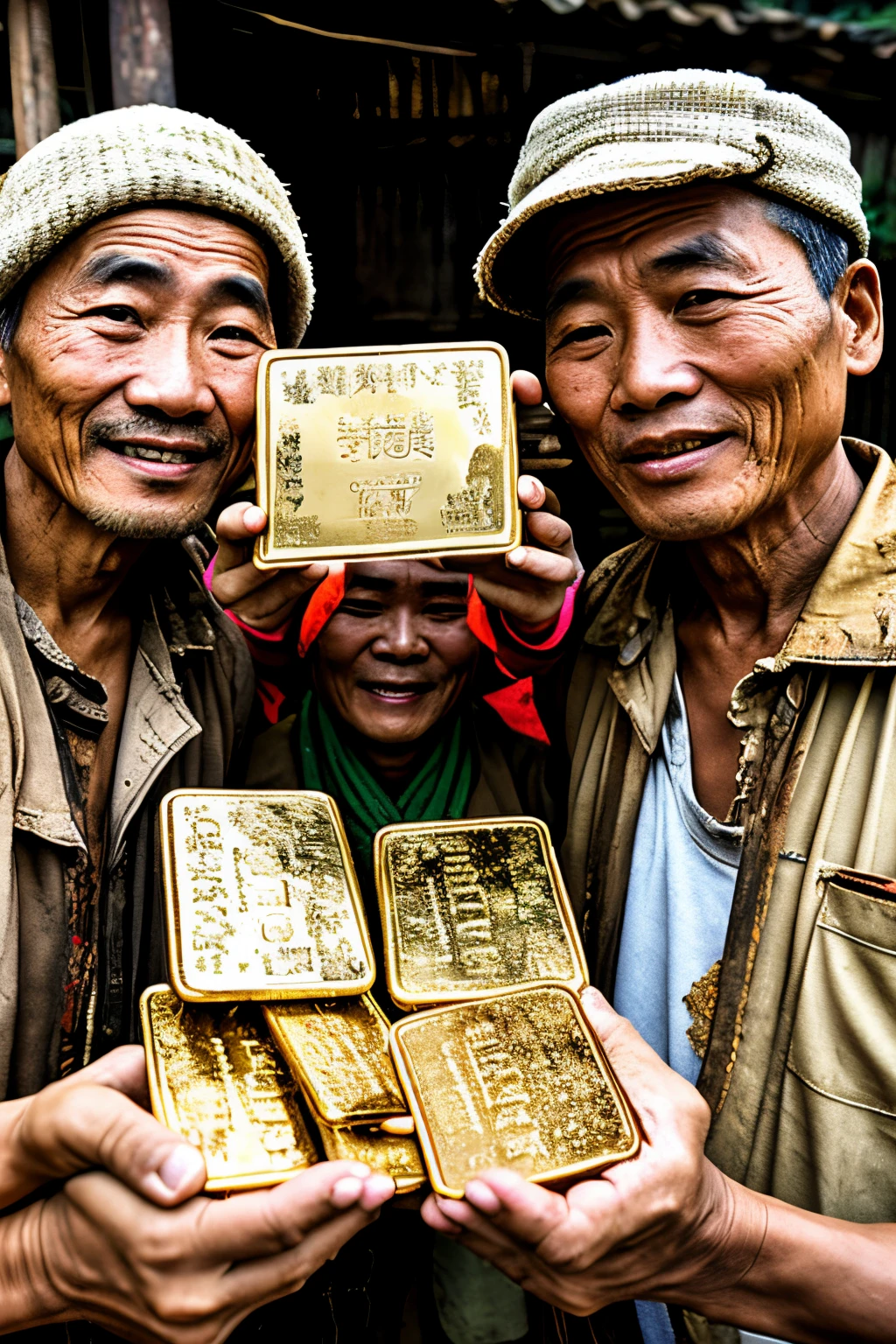 A group of old Chinese farmers wearing dirty and torn clothes holding gold bars in their hands。Dirty environment,Everyone is happy and tall,Perfect facial features,Perfect hands,Ultra-high resolution
