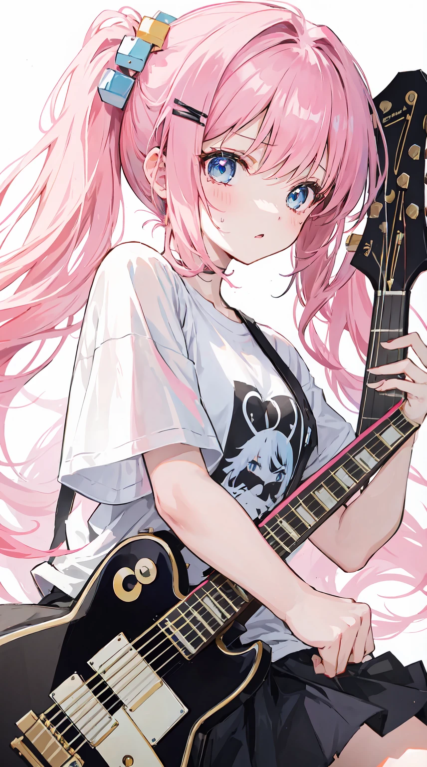 monochrome cube hair ornament, a young girl with pink hair and blue eyes, playing a Gibson Les Paul electric guitar with passion. The style iocusing on the upper body of the girl in profile, against a white background. She is clad in a black t-shirt with short sleeves, her bangs falling on her forehead, and a cube hair ornament adorning her long hair pinned up on one side. She is holding the plectrum, strumming the strings, and sweat is dripping from her forehead, indicating the intensity of her performance,