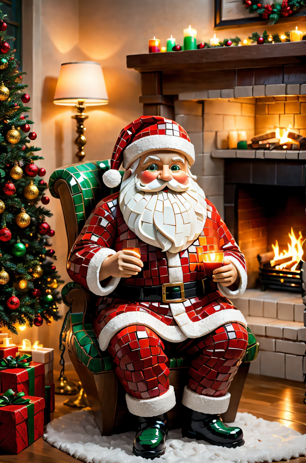 (Mosaic Santa Sculpture),tmasterpiece:a mosaic, the detail: Cosy and comfortable living room, Colorful Christmas lights, A beautifully decorated Christmas tree, crackling fireplace; image quality:(Best quality, A high resolution, actual:1.37), vibrant with colors, Focus sharp; art-style: vacation, mosaic art, Christmas atmosphere, festive; shades:Warm color palette, red and green accents; lamplight:Soft, illuminate warmly.