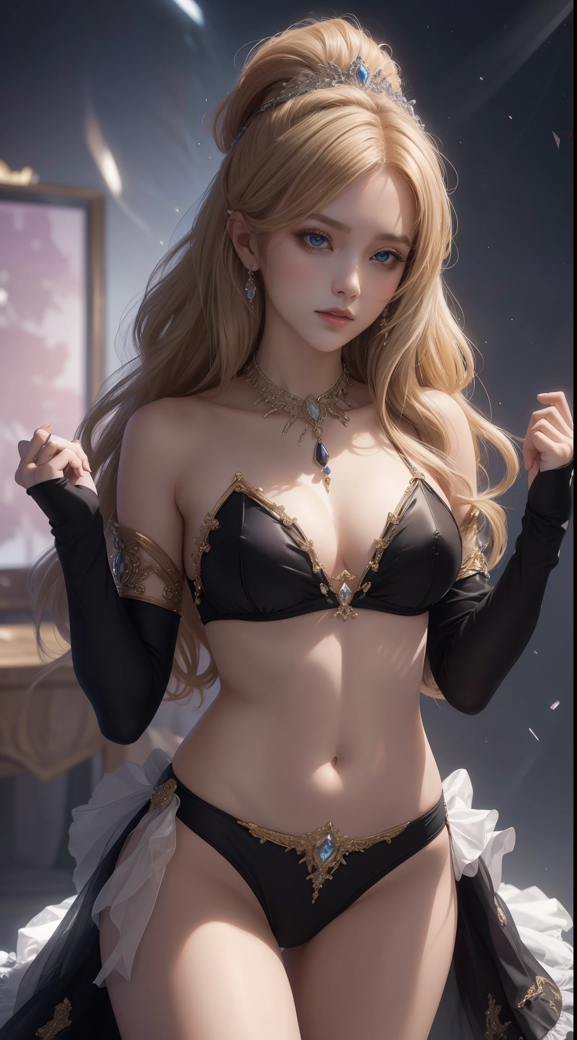 tmasterpiece,Highest image quality,Beautiful bust of noble western dance,Sophisticated black and blonde hairstyle,A dazzling array of exquisitely bejeweled bikini dance suits,Ultra-detailed details,advanced。At the Pixiv Art Station,Break your own power,,Obscenity exposed,R-18G
