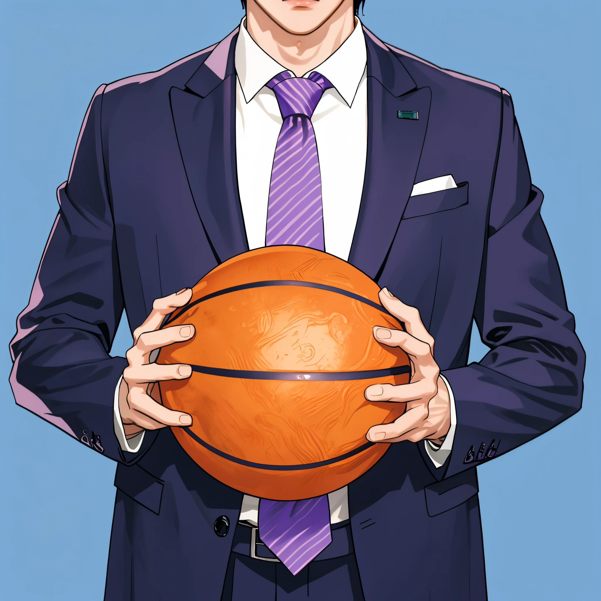 White shirt，purple necktie，Strong shoulders，Inverted  muscles are well developed，Anime man in suit holding basketball in hand, offcial art, Slam Dunk, Wallpapers!, kentaro miura manga art style, Official character illustrations, scence of slam dunk, kentaro miura art style, Illustrations by Shigenori Soejima, Official animation stills, hq artwork, dribbble, Official anime artwork, Propaganda art, official fan art