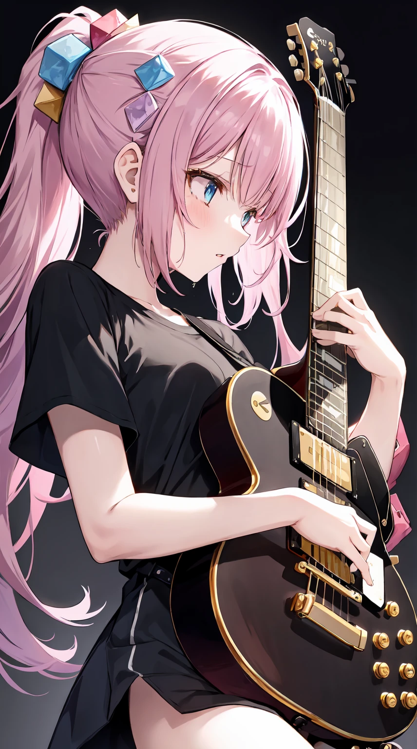 monochrome cube hair ornament, a young girl with pink hair and blue eyes, playing a Gibson Les Paul electric guitar with passion. The style iocusing on the upper body of the girl in profile, against a white background. She is clad in a black t-shirt with short sleeves, her bangs falling on her forehead, and a cube hair ornament adorning her long hair pinned up on one side. She is holding the plectrum, strumming the strings, and sweat is dripping from her forehead, indicating the intensity of her performance,