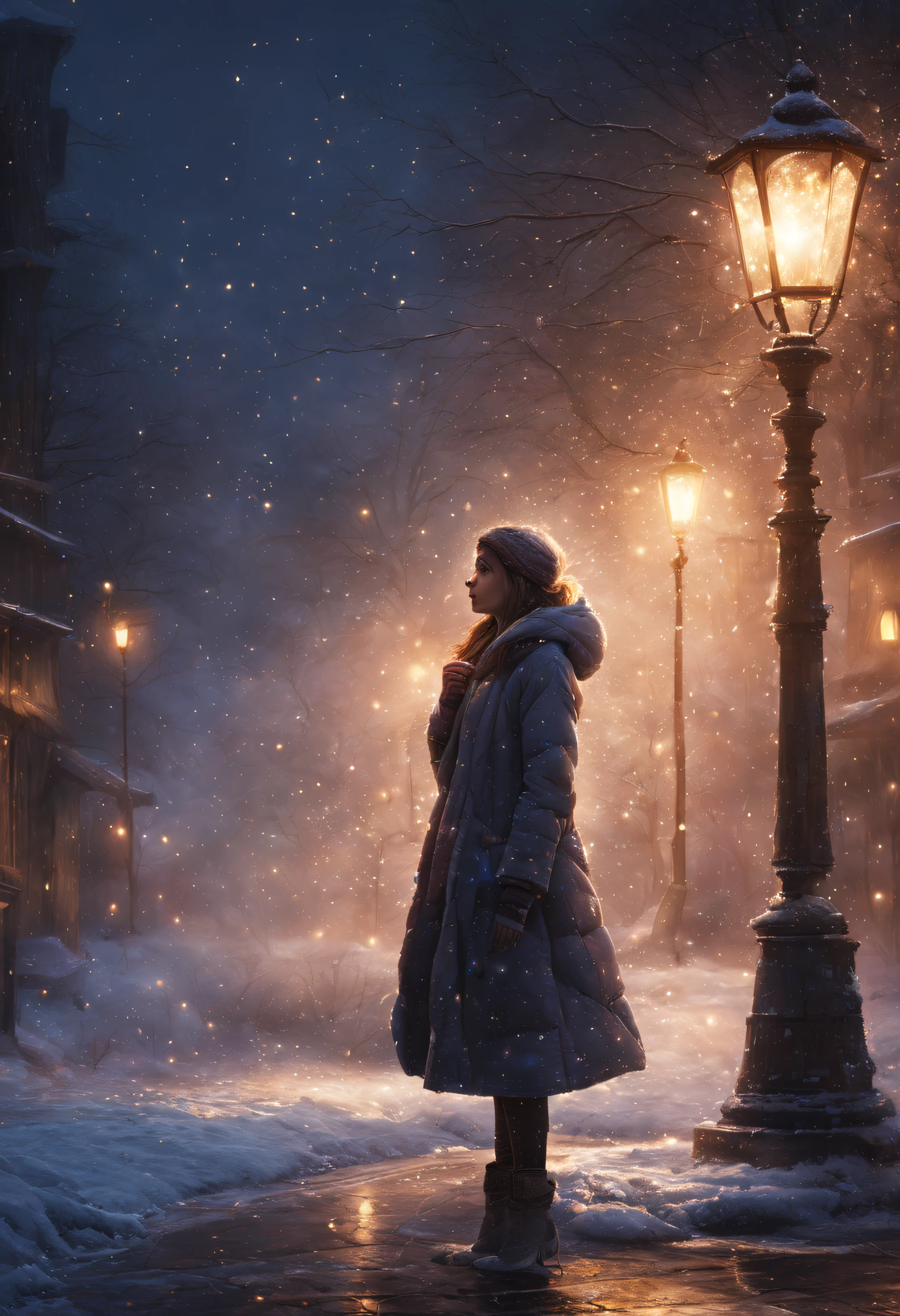 In the season of light snow, Artwork includes、A girl is depicted leaning against a streetlamp in the right corner of the canvas.. the girl is standing there, blow warm breath on her hand, Looks cold in a cold atmosphere，intricate detailes，Volumetric Lighting BREAK（tmasterpiece：1.2），（best qualtiy），4K，ultra - detailed，（dynamic compositions：1.4），Plenty of detail，plethora of colors，（Irridescent color：1.2），（with light glowing，Atmospheric lighting），dream magical，Magical，(Solo：1.2)