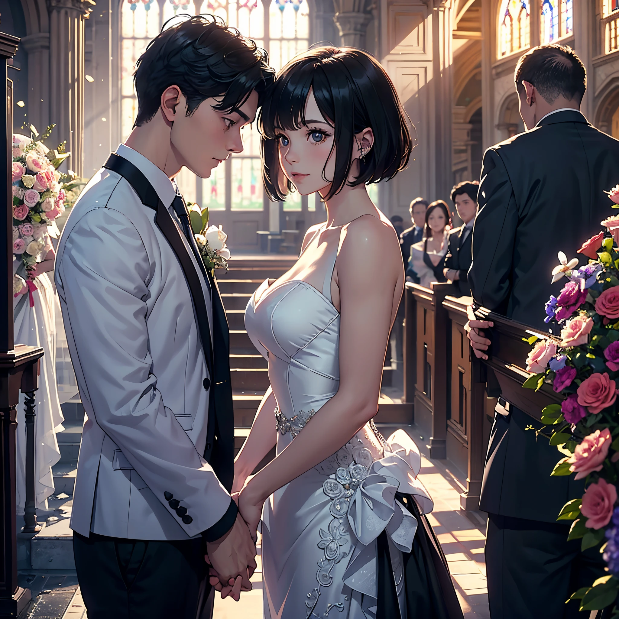 romantic couple look at each other, loving in their wedding, wedding day, wedding dress and suit, black-haired mature man，Girl with black short hair with bang(soft smile, shy) (the girl is short)，different height ((the man is taller)), morning light, Glow effects, the morning，in the church，The face is clear and accurate，detail in face，super-fine，castle, a lot of flowers in the background，16K resolution，high quality, High picture detail，dynamic viewing angle，Epic shooting，oc rendered, detailed light, detailed shadow