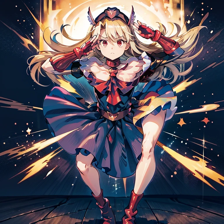 Masterpiece, Best Quality, Highly detailed, illustration, absurdres, street fighter, doll suit, shadaloo doll, dollsuit, girls, multiple girls, expressionless, blank eyes, looking at viewer, red gloves, emotionless, black latex, corrution, mind control, female combatant, full body, hypnotized, unhappy trance, full body suit, ribbed bodysuit, both arms at side, stand up straight, obey, perfect female body, extremely glossy latex, hypnosis, hypnoLora, empty eyes, Mind control device, oses, submissive_pose, Slave, hat, necktie, stand up straight, standing, standing at attention, Slave, hat, necktie, belt, extending the right arm from the shoulder into the air with a straightened hand, nazi saluting, military, military saluting, salute, latex, dark magical girl, magical princess, akazukin chacha, blonde hair, red eyes, testament form, skirt, frill skirt