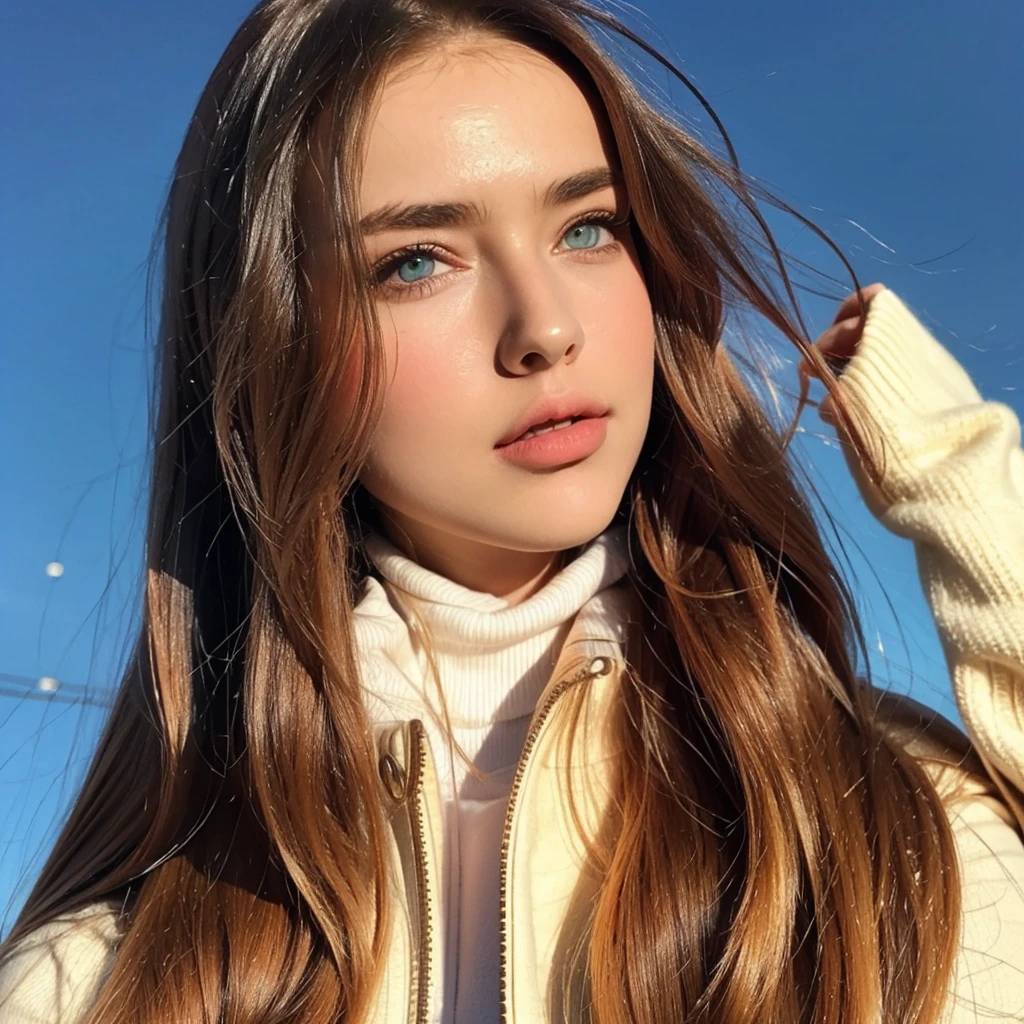 Redhead, full lips, modelesque figure, emarald green eyes, full body, sunset lighting, white turtleneck, blue jacket