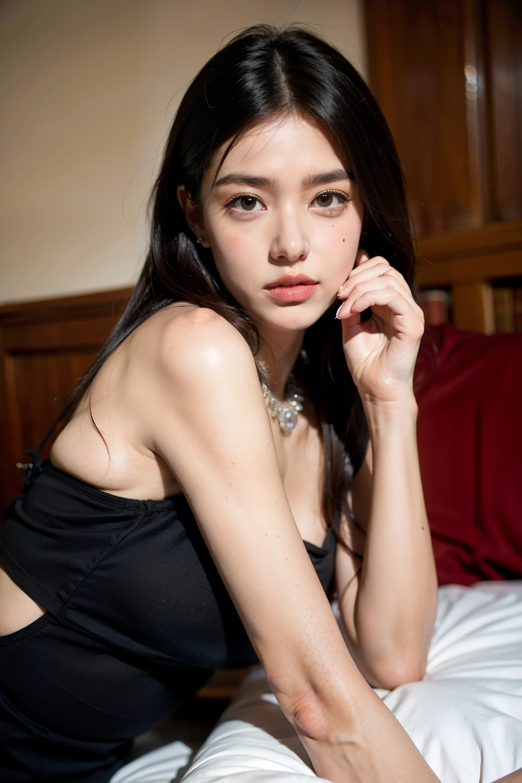 best quality, ultra high res, (photorealistic:1.4), 2girl, tanktop black shirt, black tight skirt, black choker, (faded ash gray hair:1), medium breasts, looking at viewer, closeup, (pretty face) , southeast asia girl, latina girl. 