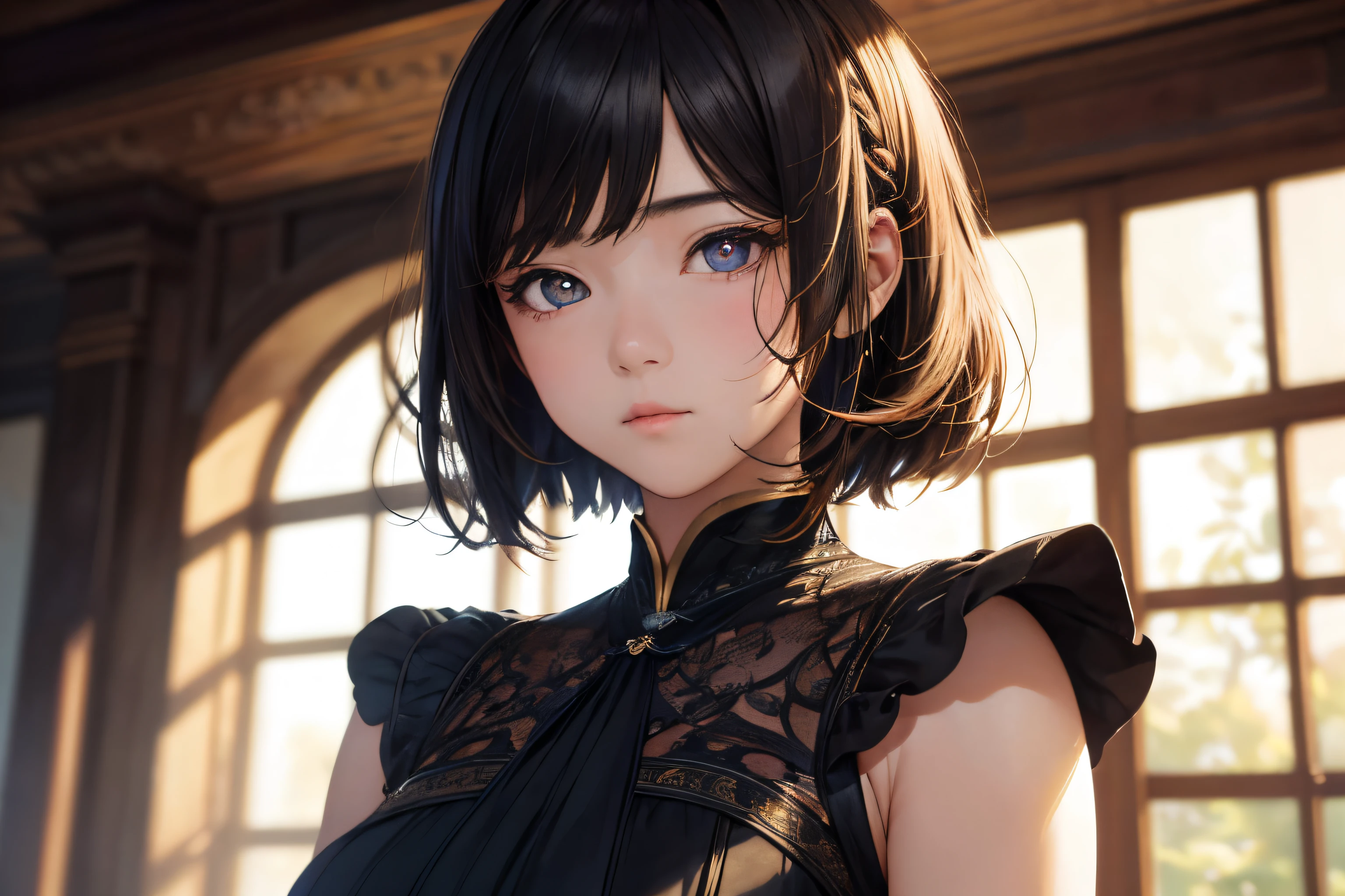 1girl in, (((shorth hair))), jugendstil,(masterpiece, top-quality, Near and far law, depth of fields:1.5), beautiful countenance, 8k, Raw foto, HDR, Photorealsitic, film grains, chromatic abberation, hight resolution, ultra-detailliert, finely detail, 动态照明, Dramatic lighting、shadowy、extremely detailed eye and face、Round pupils、Realistic pupils、clean back ground