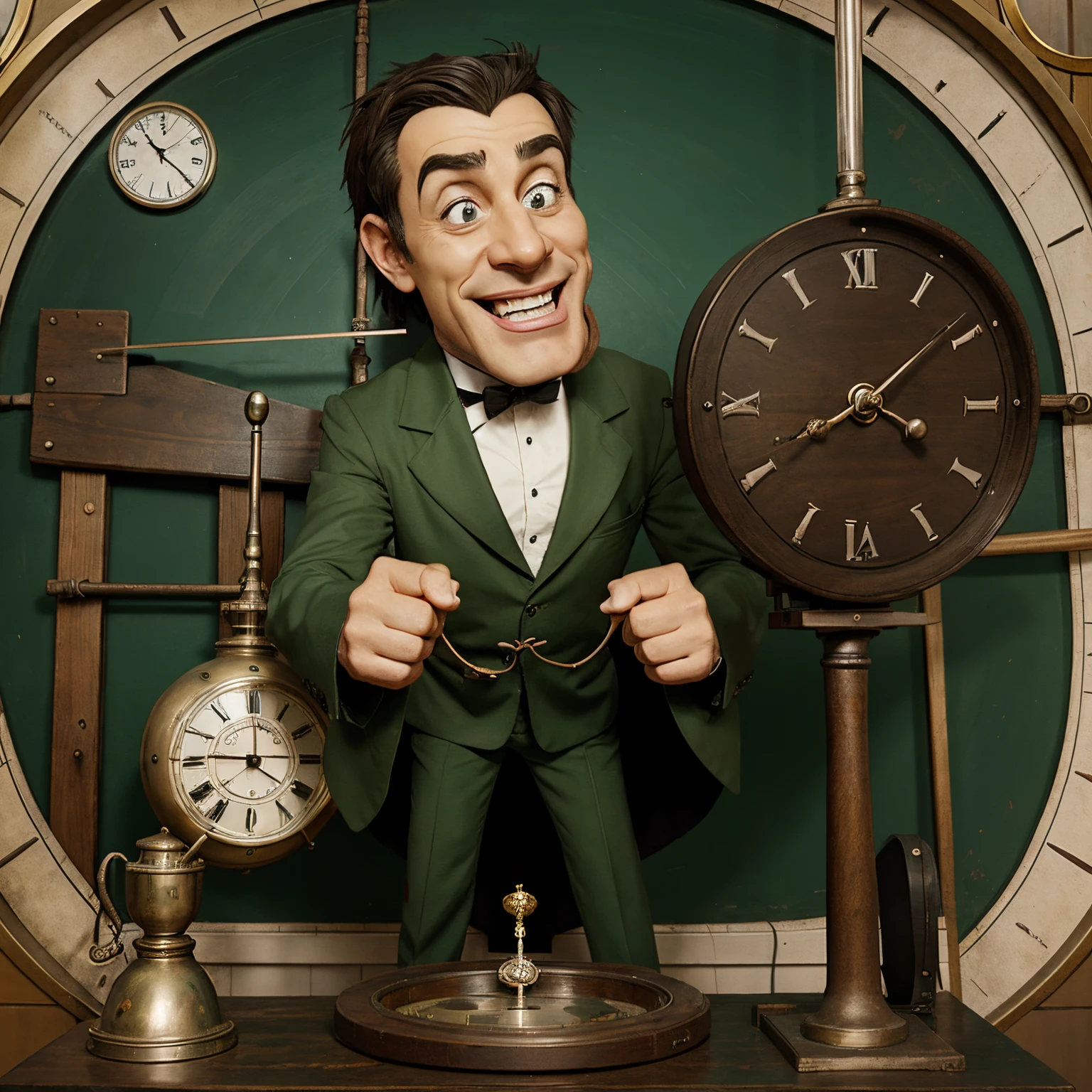 Cartoon picture of a crazy professor who is fixing a clock with green accents