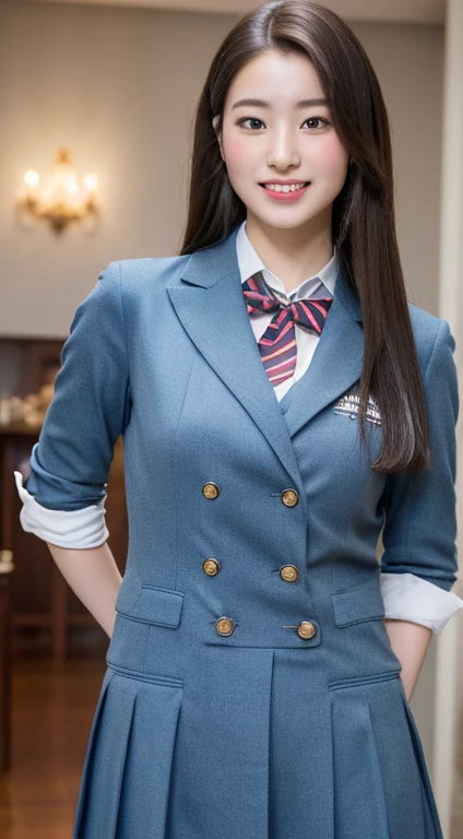 ((The highest image quality, 8K, tmasterpiece:1.3)), 1girll, Beautuful Women:1.3, (Straight long hair, Colossal tits:1.2), Japanese high school girls uniform, Ultra-fine face, A detailed eye, 二重まぶた，ssmile，perfect body and do