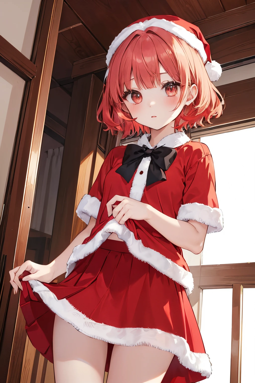 Masterpiece、top-quality、girl1、ultra-detailliert、View looking up from directly below　Beige hair、Red hair、gradation hair、Perm hair、short-hair　santa dress、a short skirt、skirt rift、skirt lift by yourself、panties on　snowy forest