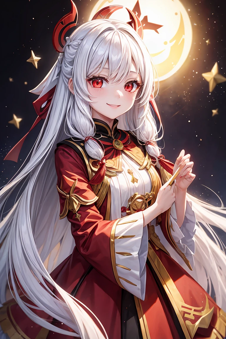 A girl, long white hair, wearing a gold star decoration, shining ruby red eyes, smiling sweetly, wearing a god's dress, has genshin impact vibes, Teyvat background