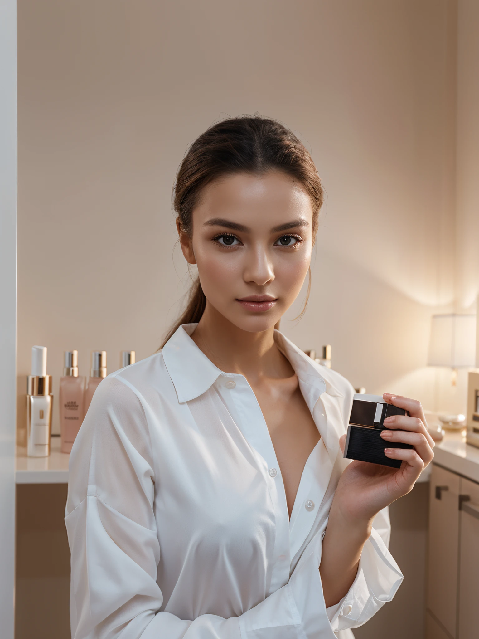 1 female-focused, a beautiful female model has a cosmetic bottle in her hands, wearing white shirt, the model's skin is healthy and clear, and the cosmetics bottle shines luxuriously, skin care, flower, cosmetics commercial photos, clean atmosphere, shot on Hasselblad camera, medium format, dramatic lighting, luxury brand cosmetic