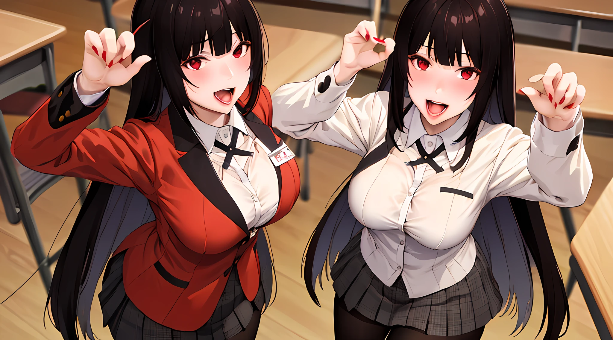 masterpiece, best quality, highres, hmjy1, long hair, blunt bangs, red eyes, school uniform, red jacket, blazer, pantyhose, white shirt, black ribbon, pleated skirt, cowboy shot, classroom, lying, from above, (name tag:1.1), paw pose, open mouth, tongue out,