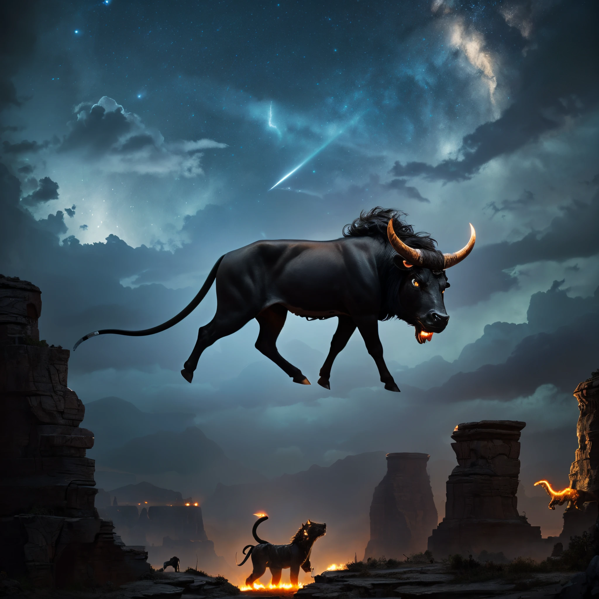 tchibi, thunder(Black Minotaur:1.5),For those who have Axelminotaur:1.8),the cow stands with an ax,Painful expression,(Raise your head to the sky and roar:1.8),funk,shudder,Gothic,barroco,(Ark is released from the hands of a female magician.),The current medieval landscape,Fantastical,4K,best qualtiy,primitive,((Ultra-fine and high-precision details)),Power Hero & Magic 3,Fantastical,The background is the canyon plain,The scene is impressive, Dark background.