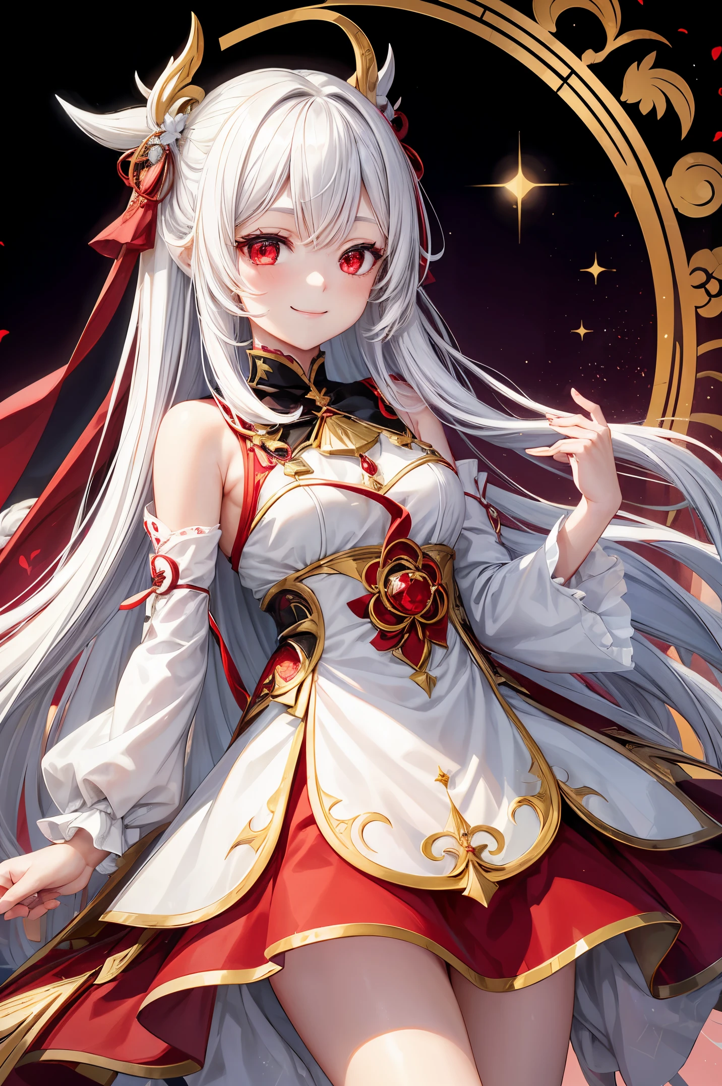 A girl, long white hair, wearing a gold star decoration, shining ruby ​​red eyes, smiling sweetly, wearing a god's dress, has genshin impact vibes, Teyvat background