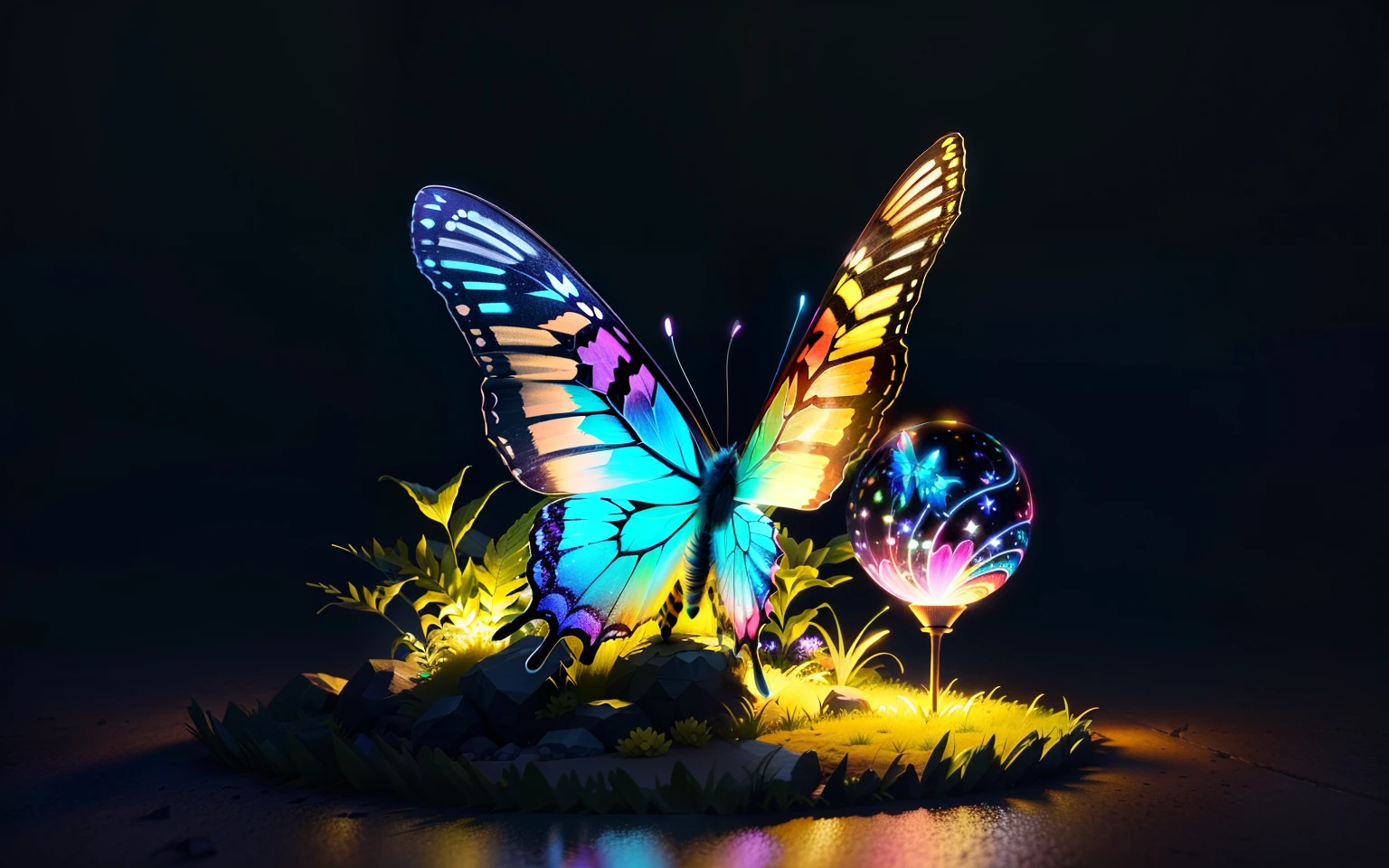 glowing butterfly sitting in a transparent neon sphere on an anthill, detailed, around grass and earth, statue, 8K, ultra details, photorealistic, Fujifilm X-T3, 1/60 sec at f/5.6 ISO 160, 18-55mm at 35mm in 3D, (best quality: 1.3), (masterpiece: 1.3), (illustration: 1.3), (super detail: 1.3), (IMID picture: 0.9), super detailed color low-poly graphics, mobile art games, glowing lights! stylized 3D rendering, cute forest creature