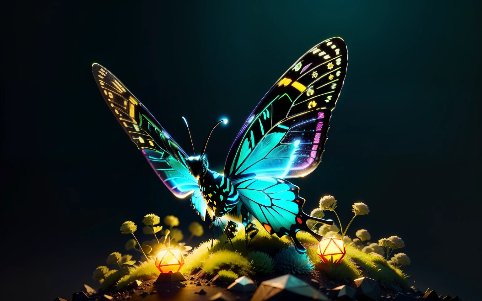 glowing butterfly sitting in a transparent neon sphere on an anthill, detailed, around grass and earth, statue, 8K, ultra details, photorealistic, Fujifilm X-T3, 1/60 sec at f/5.6 ISO 160, 18-55mm at 35mm in 3D, (best quality: 1.3), (masterpiece: 1.3), (illustration: 1.3), (super detail: 1.3), (IMID picture: 0.9), super detailed color low-poly graphics, mobile art games, glowing lights! stylized 3D rendering, cute forest creature